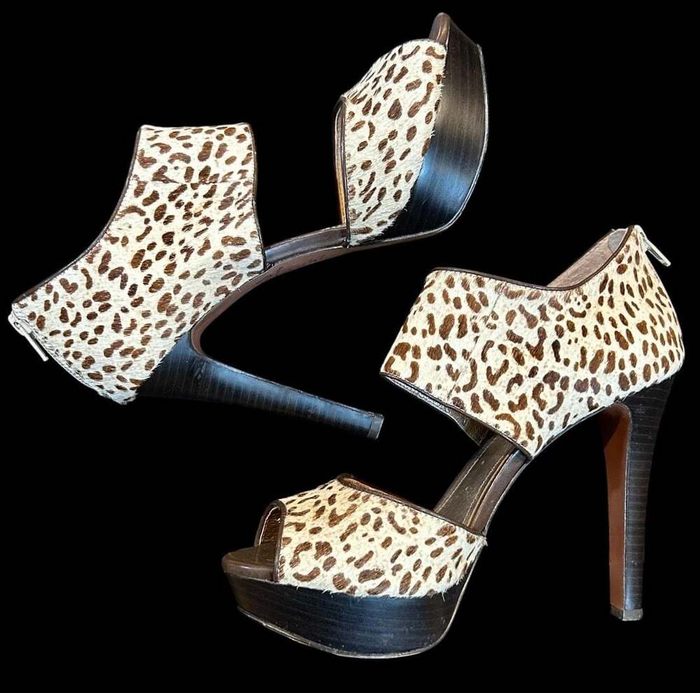 BCBGeneration Leopard Print Calf Hair Platform Peep Toe Heels
